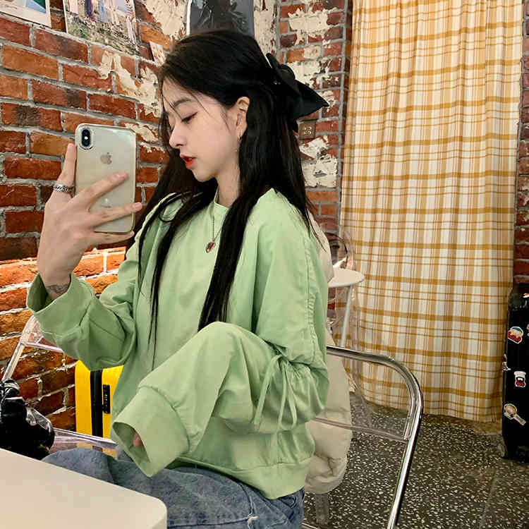 5 Soild colors spring autumn korean style Women Lace up Sweatshirts Thin sweatshirt Womens pullovers (F4231) 210423