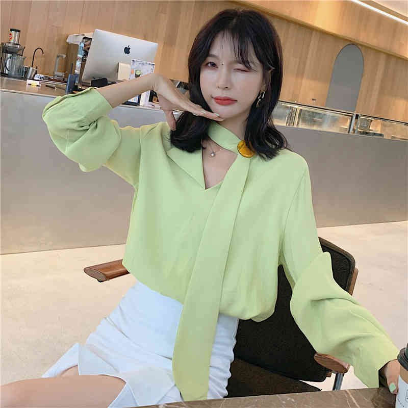 Autumn Long Sleeve Korean Avocado Green Chiffon Women Shirts V-neck Solid Sexy Blouses Tops Office Lady 6691 50 210510