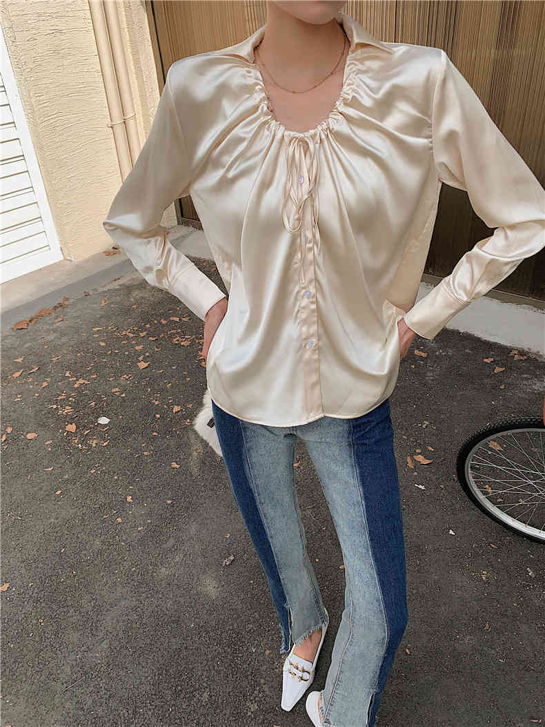 Champagne Satin Blouse Ruched Drawstring Button Up Long Sleeve Ladies Top Korean Spring Fashion Women 210427