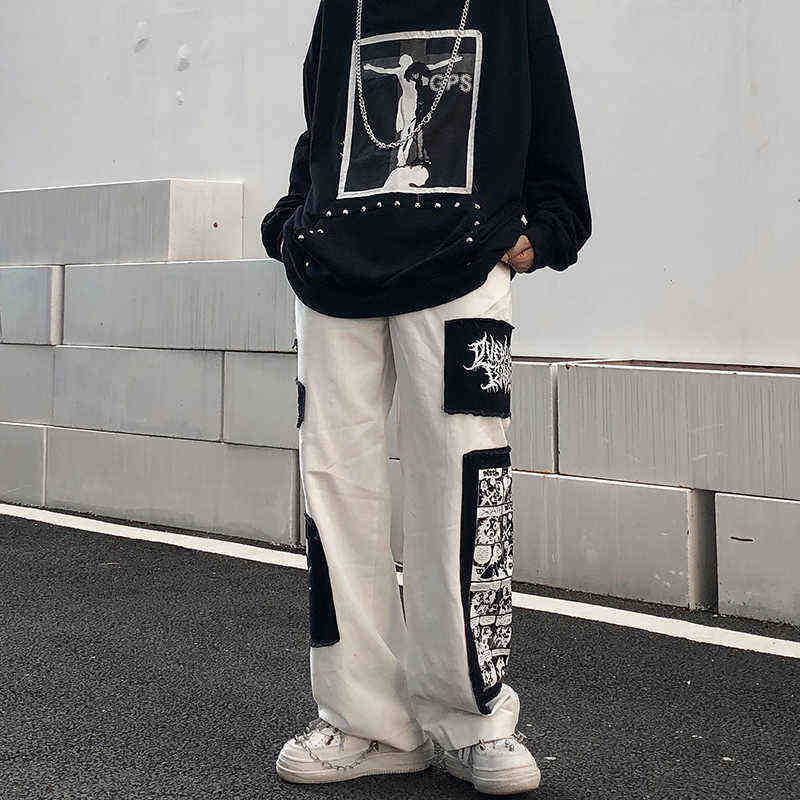 Tideshec Manga Patch Pants Men's Ins Harajuku Trousers Casual Loose Straight Wide Leg Black Stitching Patch Anime Printed Jeans 211120