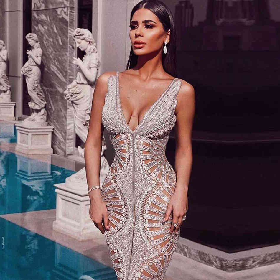 Summer Women Sequin Tank Sleeveless Long Dress Sexy V Neck Silver Hollow Out Celebrity Evening Runway Party 210423