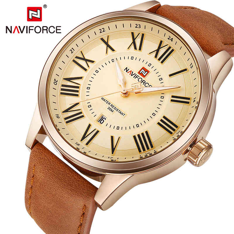 NAVIFORCE Brand Men Leather Gold Sports Watches Men's Fashion Roma Quartz Wrist Watch Male Date Analog Clock Relogio Masculino 210517, Gold black
NAVIFORCE Brand Men Leather Gold Sports Watches Men's Fashion Roma Quartz Wrist Watch Male Date Analog Clock Relogio Masculino 210517, Gold black