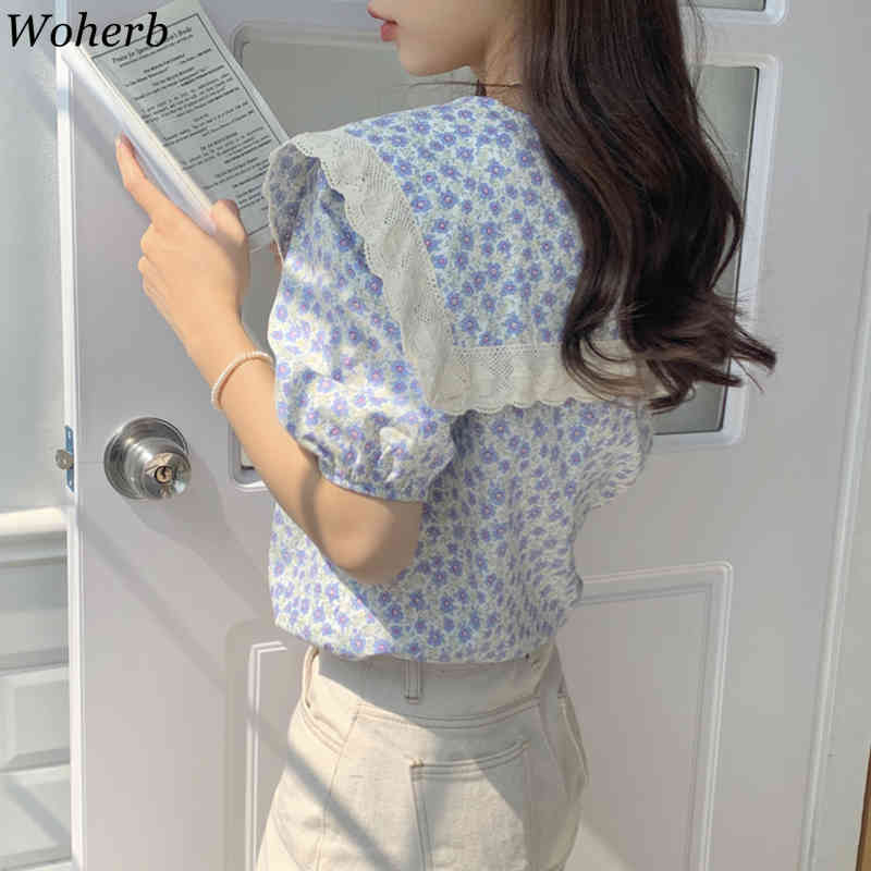 Puff Sleeve Blouses Women Lace Peter Pan Collar Tops Floral Print Summer Vintage Korean Blusas Mujer Cute Shirt Ins 210519
