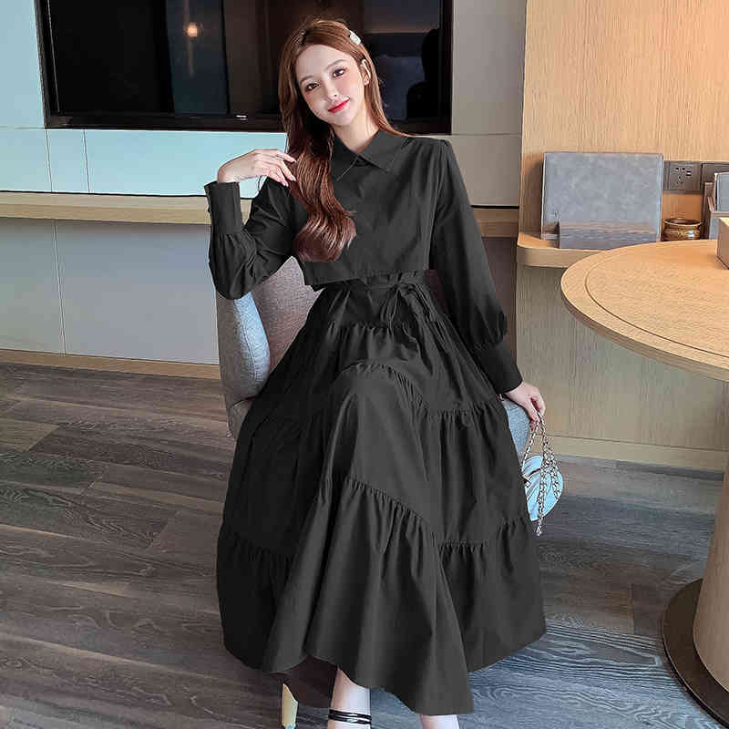 Comelsexy Autumn Long Dress Super Fairy French Style Elastic Waist Vintage Dress Women's Casual Office Dresses Vestidos 210515