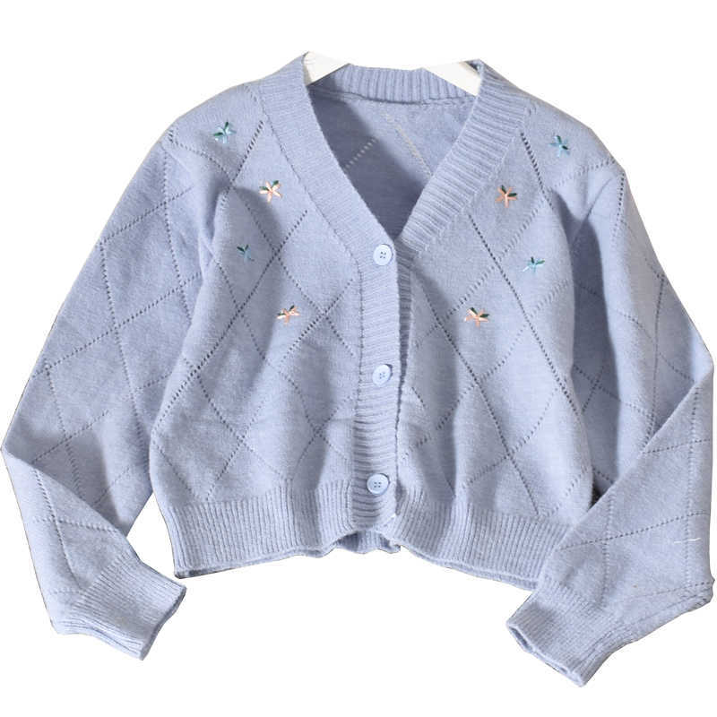 Floral Embroidery Women Sweater Coat Long Sleeve V-neck Hollow-out Knitwear Korean Causal Short Cardigan 4D245 210602