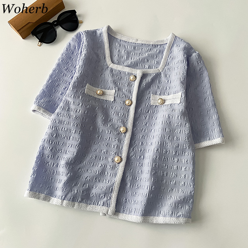 Short Sleeve Blouses Women Elegant Single Breasted Slim Shirts Korean Square Collar Blusas Vintage Temperament White Tops 210519