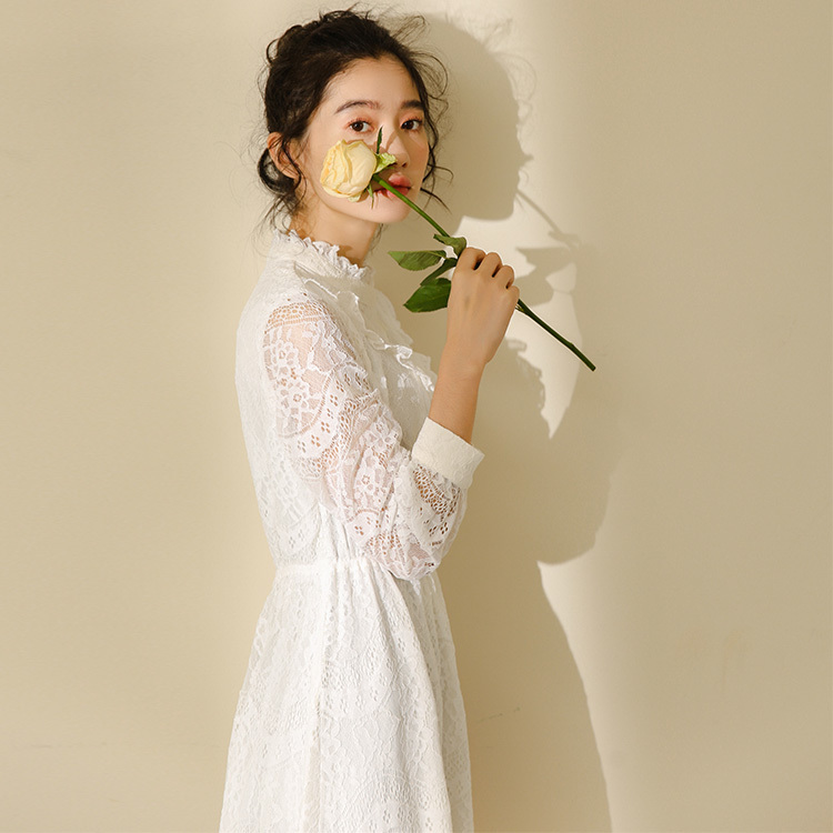 Elegant A-Line Vestidos White Dress Women Spring Long Sleeve Stand Collar Lace Ruffle Female Clothes 210520
