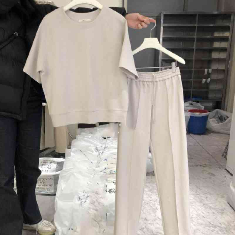 Nomikuma Korean Two Piece Suits Short Sleeve O-neck T Shirt + Lace Up Stretch High Waist Long Pant Causal Women Pants Sets 6H368 210427