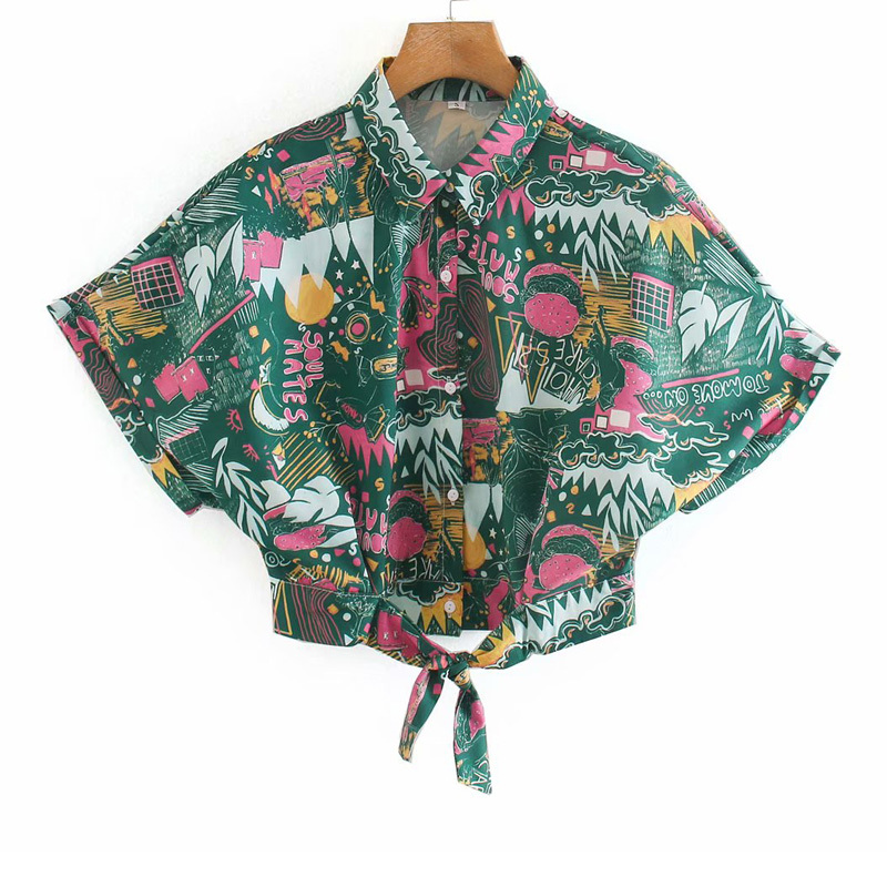 Fun Printed Short-sleeved Lapel Harajuku Short Single-breasted Women's Shirt Summer Style Graffiti Bow Chic Female Tops 210507