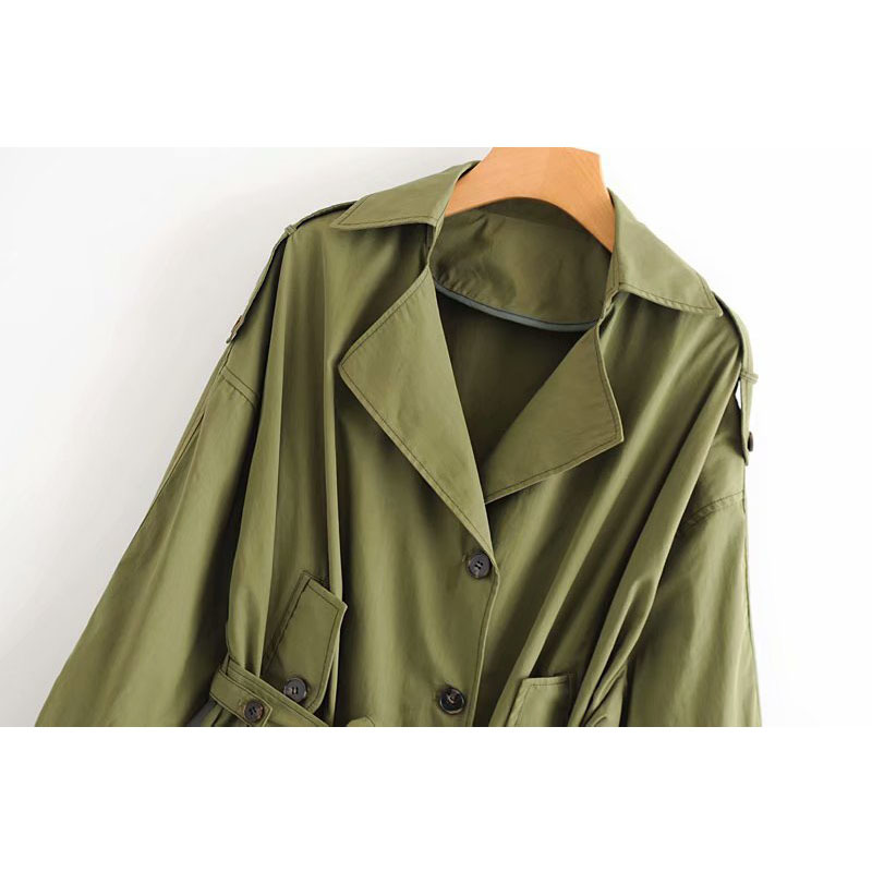 Autumn Women's Versatile Loose Waist Tie Long Coat Back Letter Printed Temperament Female Jacket ArmyGreen Tops 210507