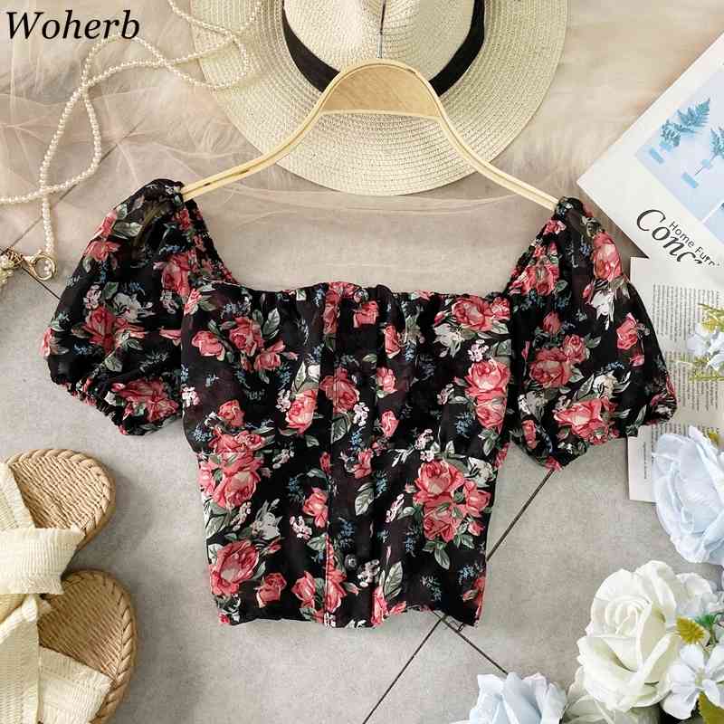 Chiffon Sweet Floral Print Shirt Puff Sleeve Short Temperament Slim Blouse Women Square Collar Bow Buttons Blouses25781 210519