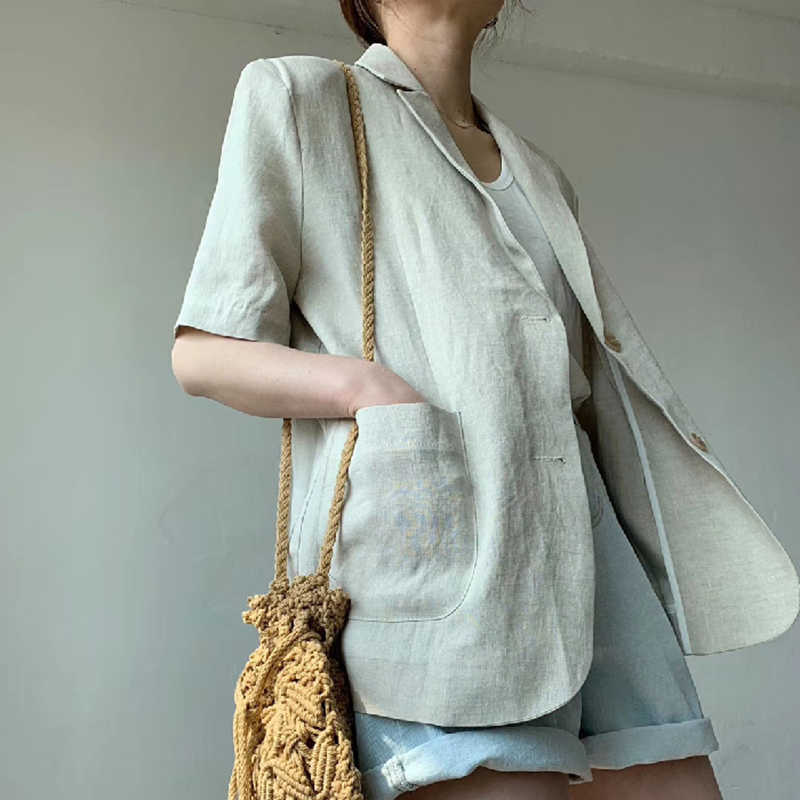 Elegant Cotton Linen White Blazer For Women Notched Short Sleeve Solid Minimalist Blazers Female Chic Summer Jackets 210601