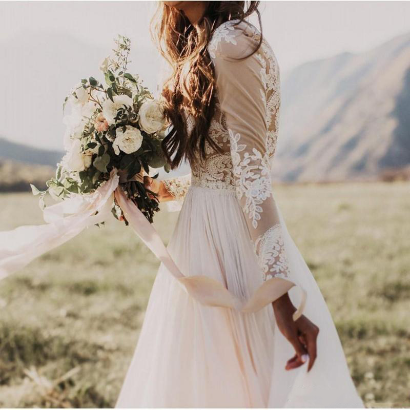 2022 Bohemian Country Wedding Dresses Gown With Sheer Long Sleeves Bateau Neck Mermaid Lace Applique Chiffon Boho Bridal Gowns