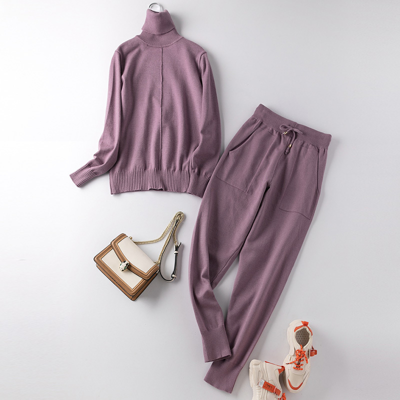 Women sweater suit sets Turtleneck pullovers + long Pants 2PCS Track Suits for Spring Autumn Woman Knitted Trousers+Jumper suits 210524
