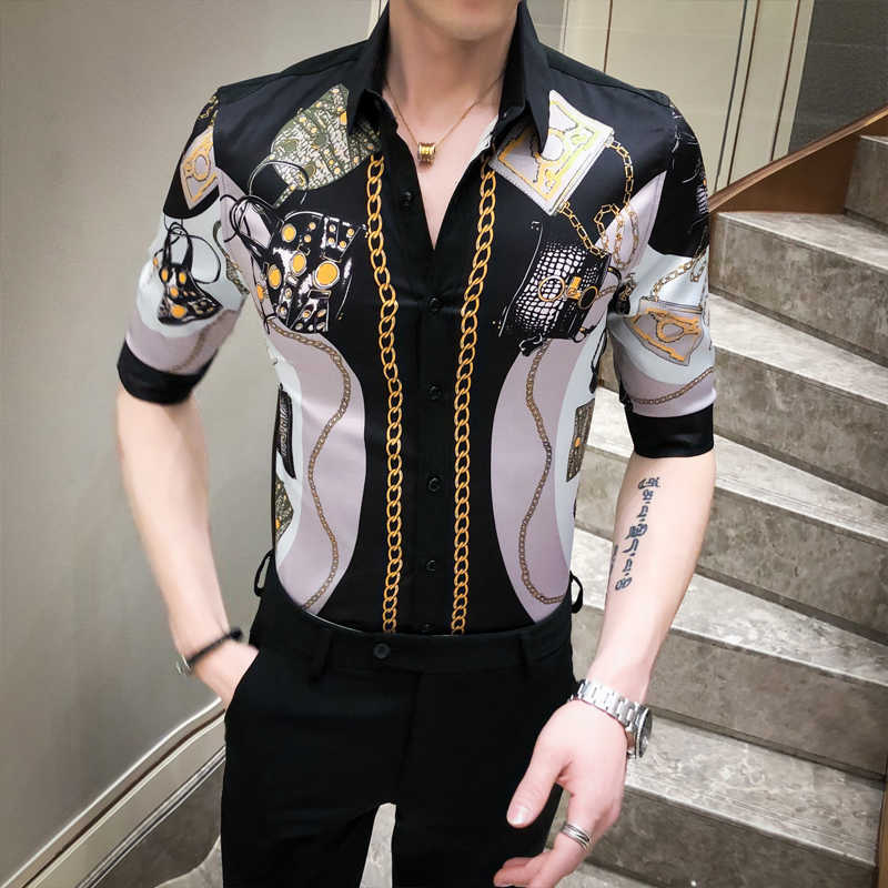 Chain Printing Shirt Men Half Sleeve Casual Slim Fit Dress Shirts Streetwear Night Club Blusa Camisas Para Hombre 210527