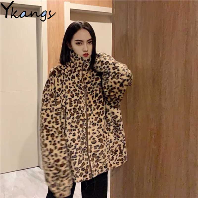 Leopard Print Loose Plush Casual Women'S Jacket Korean Style Autumn Winter Clothing Thick Warm Zipper Sweatshirt Female Coat 210619wtt