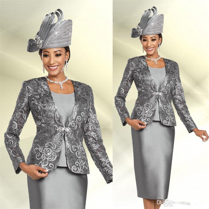 3 Pieces Mother Of The Bride Dresses Silver Appliqued Lace Evening Gowns Long Sleeve Ruched Satin Sweep Train Formal Mother's Dress