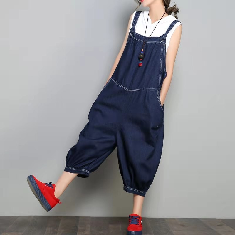 Arrival Spring/summer Women Loose Casual All-matched Wide Leg Pants Cotton Denim Calf-length Braces Jumpsuit W36 210512