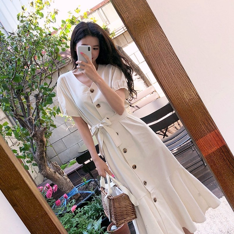 Elegant Dress Long Woman Cute Short Sleeve Korean Japan Style Clothes Date Wear Temperament Lady Ruffles Button Shirt 210519
