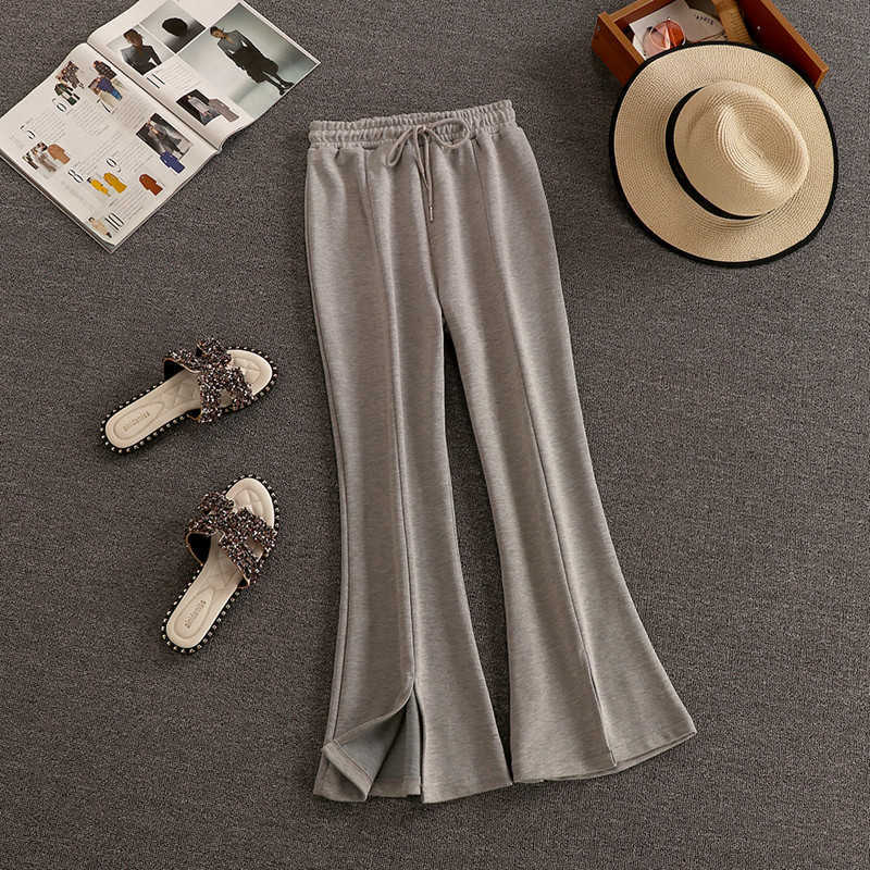 DEAT Women White Round Neck Puff Sleeve Top Split Long Pants Two Piece Set Fashion Temperament Spring Summer 11D778 210709