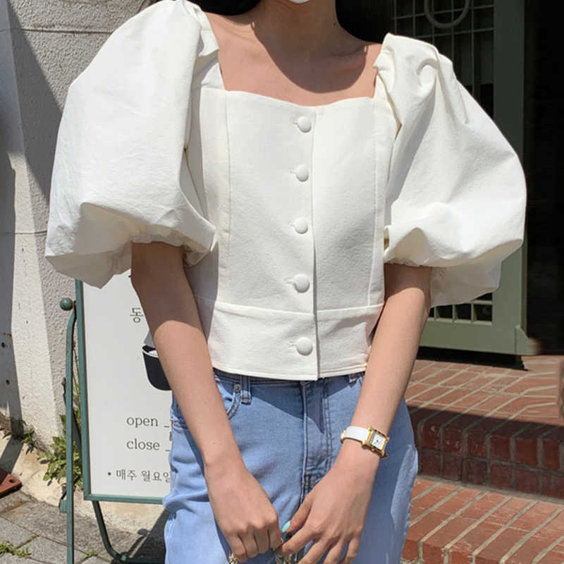 Korejpaa Women Shirt Summer Korean Chic Niche Style Square Collar Single-Breasted Solid Color Lantern Sleeve Short Blouses 210526