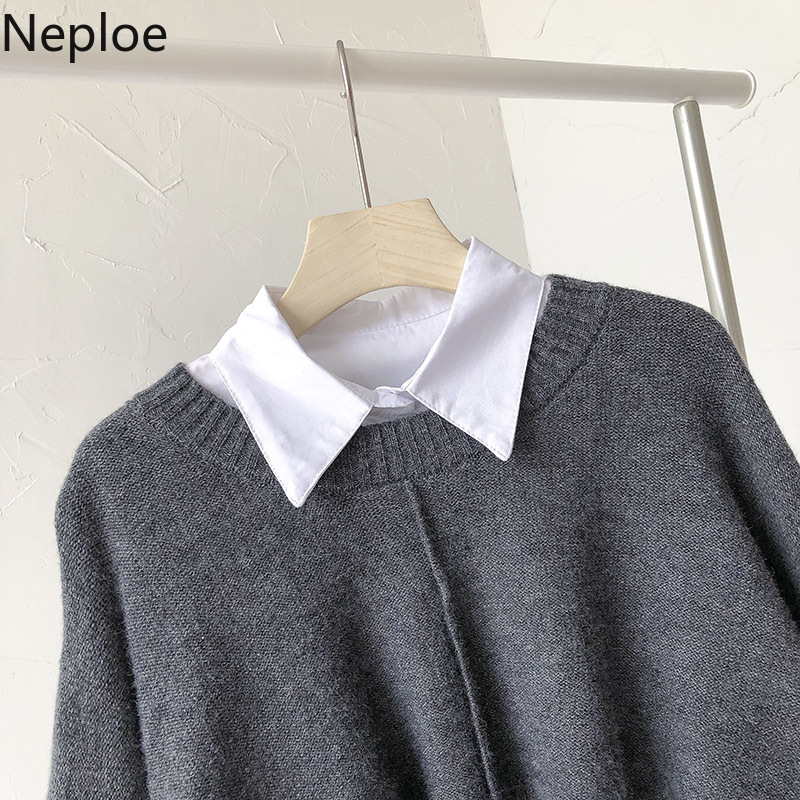 Neploe Korean Fashion Suit Two Piece Outfits for Women Knitted Cropped Sweater Loose White Shirt Tops Casual 2 Piece Set 210422