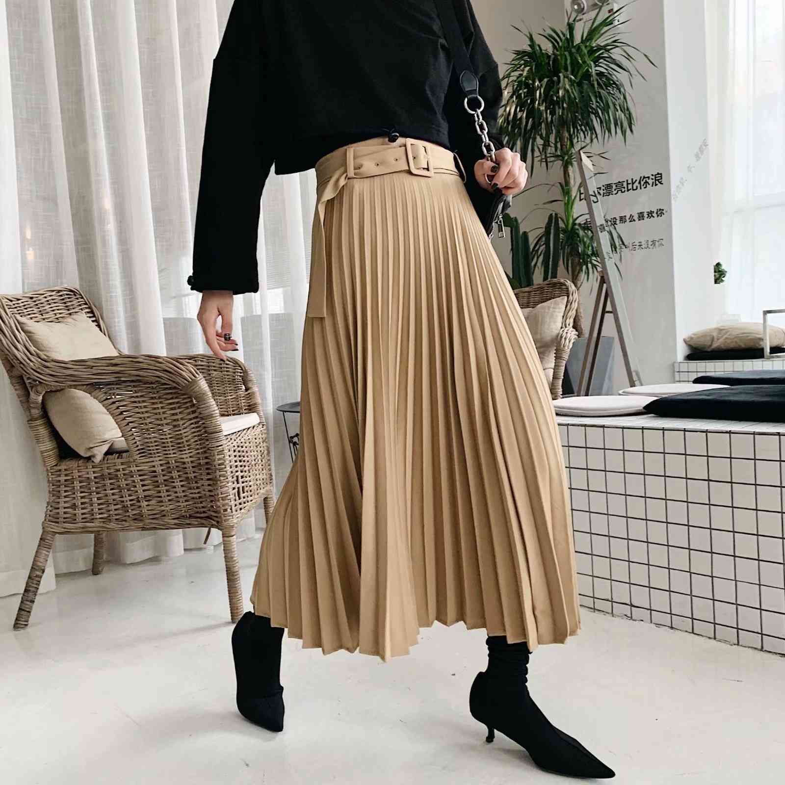 Winter high waist pleated skirts woemns long Casual office work belt black korean maxi plissee 210521
