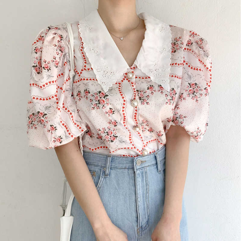 Korejpaa Women Shirt Summer Korean Western Style Vintage Lapel Embroidery Chic Button Puff Sleeve Chiffon Print Blouses 210526