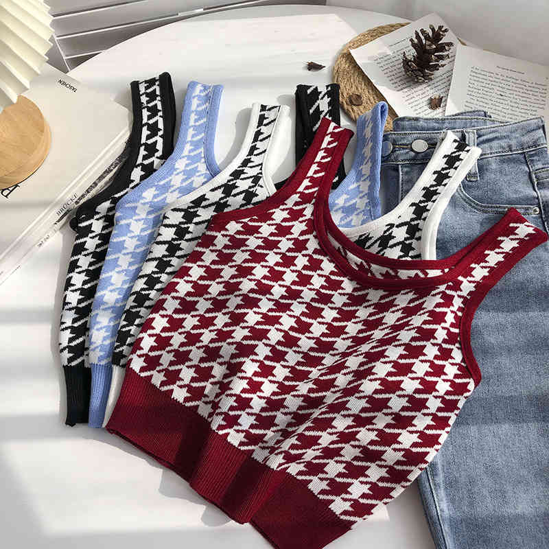 Fashion Plaid color houndstooth o neck sleeveless knit vest women's Korean casual slim short suspender top womens tank tops 210508