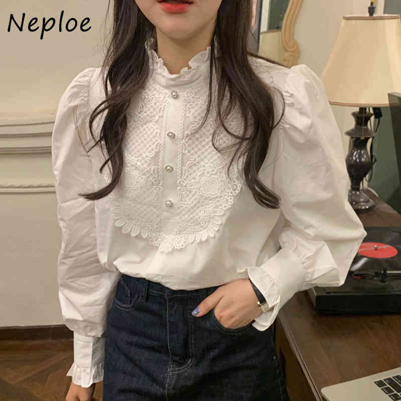 Korean Wooden Ear Lace Hook Flower Patch Elegant Blouse Women Stand Collar Long Sleeve Single Breast Blusas Slim Shirt 210422