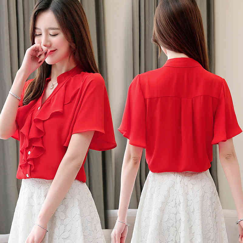 blusas mujer de moda women blouses short sleeve V-neck white chiffon blouse shirts s tops and 3780 50 210508