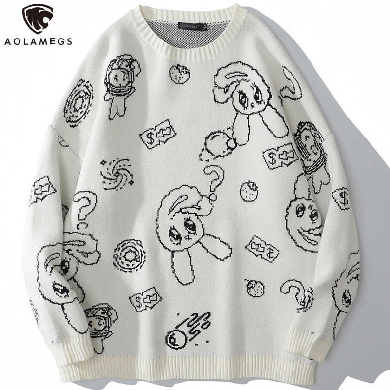 Aolamegs Men Sweater Cartoon Cute Rabbit Strawberry knitted Pullover Sweaters Couple O-Neck Casual Soft College Style Streetwear 211008