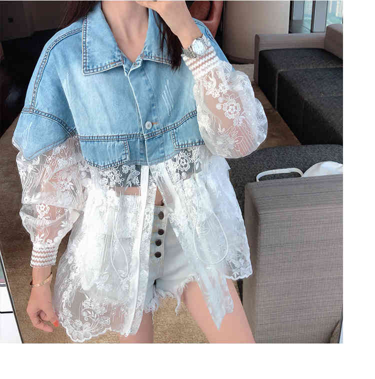 Summer Fashion Stitching Lace Embroidery casual Denim Jacket Women's Coat Loose Denim Coat 210518
