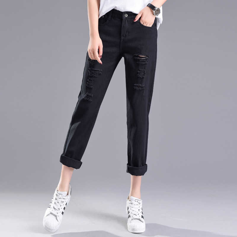 Ripped Jeans For Women Black Mom High Waist Ankle Crop Vintage Baggy Denim Pants Loose Korean Green 210809