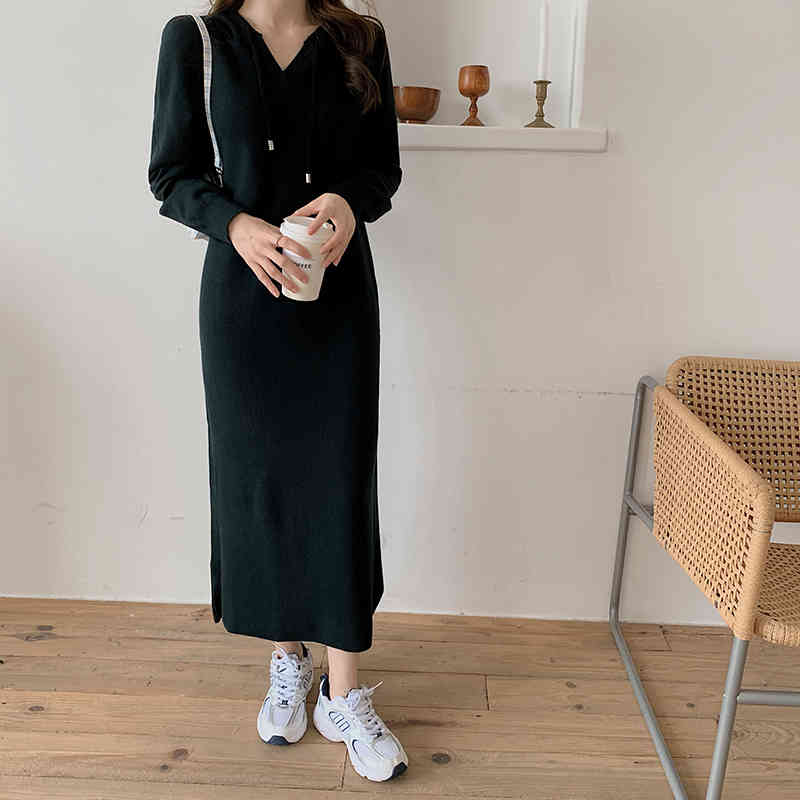 Arrival Autumn Winter Women Hooded Dresses Knitted Loose Fashion Korea Chic Elegant Casual Solid Midi Female Long Vestidos 210520