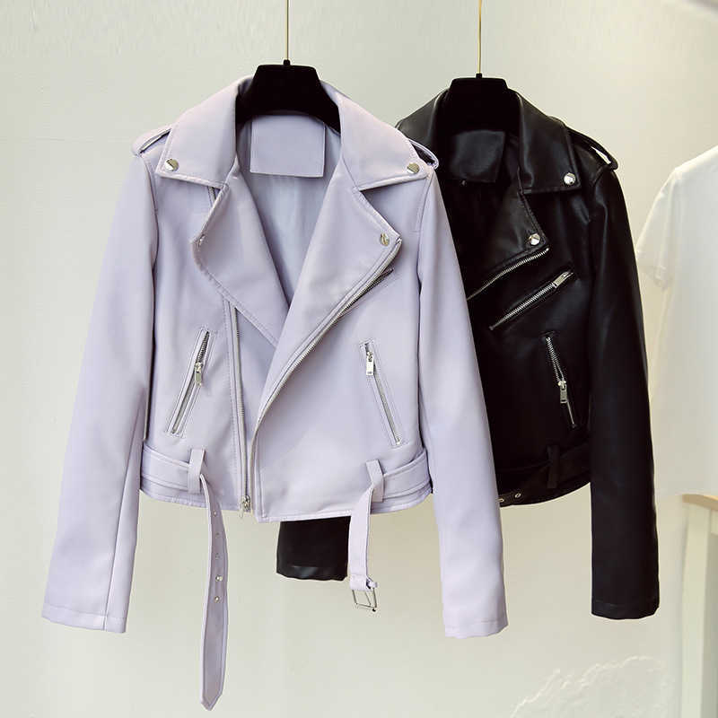 With Belt Short Leather Jacket Women Slim Turn Down Collar Purple Faux Coat Spring Autumn Ladies Biker Moto Pu Jackets 210602
With Belt Short Leather Jacket Women Slim Turn Down Collar Purple Faux Coat Spring Autumn Ladies Biker Moto Pu Jackets 210602