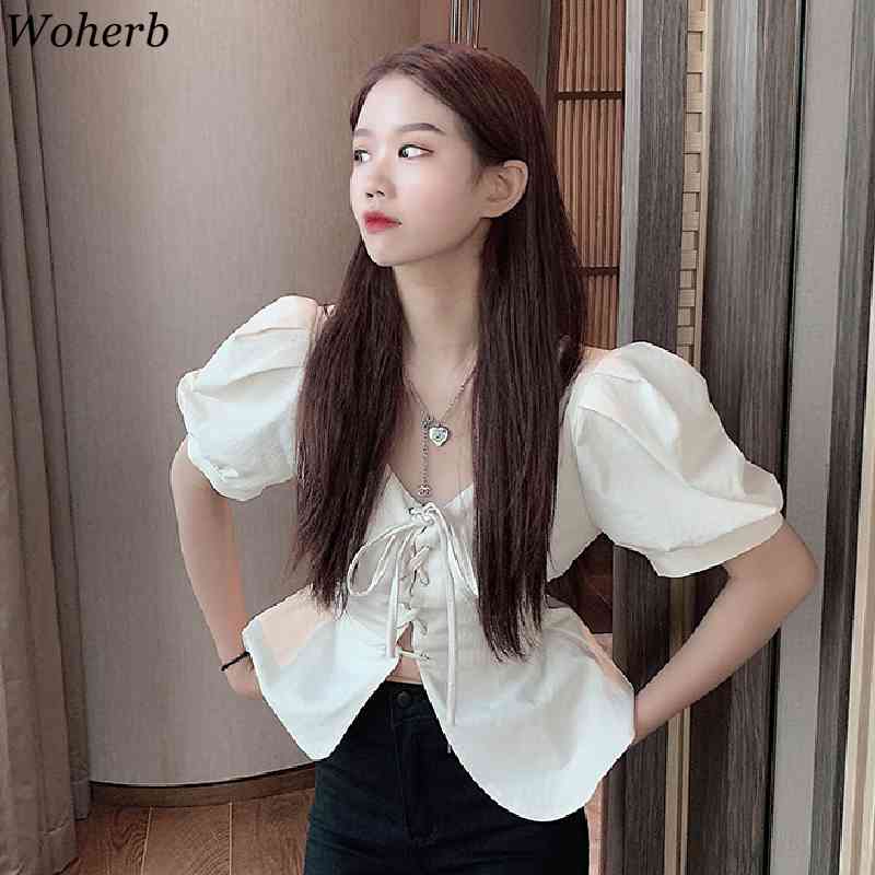 White Shirt Female Summer V Neck Slim Puff Short Sleeve Blouses Korean Temperament Single Breasted Lace-up Fashion Tops 210519