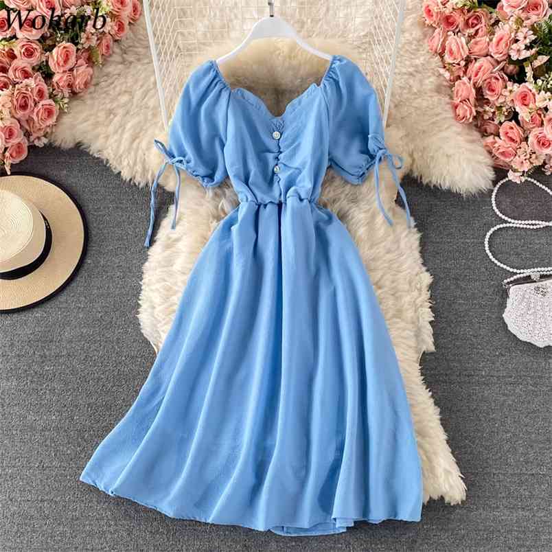 Sweet Dress Women Summer V-neck Slim Waist A-line Vestidos Pleated Puff Sleeve Lace-up Dresses Vintage Robe 4i831 210519, Pink 
Sweet Dress Women Summer V-neck Slim Waist A-line Vestidos Pleated Puff Sleeve Lace-up Dresses Vintage Robe 4i831 210519, Pink