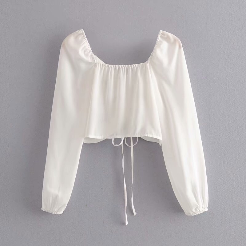 Women Black White Dot Print Long Sleeve Shirt Retro Square collar Adjust Rope Hem Short Blouse Sweet Tops 210429