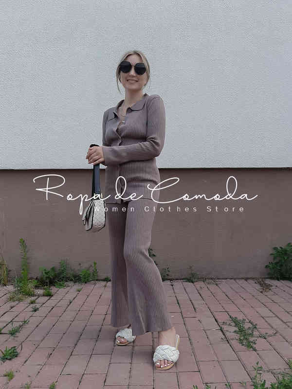 Sweater Solid Color Suits Women Matching Sets Oversize Fleece Pants Roll Collar Knitted Top Flare sleeve Spring Summer 211218wtt