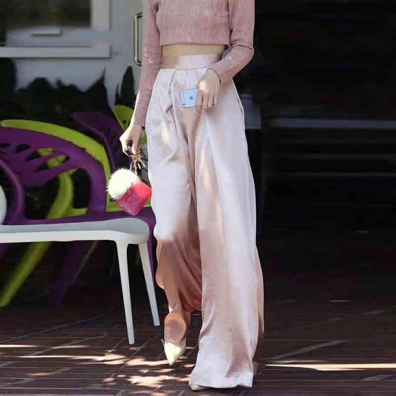 Fashion Pink Wide Leg Pants Women Casual High Waist Pleated Trousers Female Solid Color Elegant Loose Summer 210515