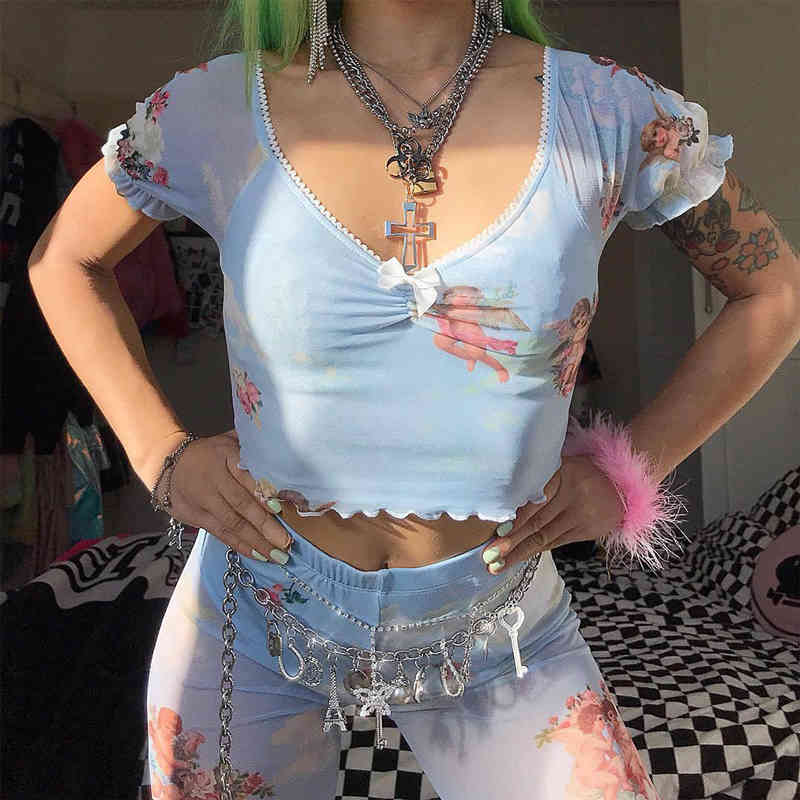 Summer Angel Print Pullovers Sexy See Through Crop Tops Female Mesh Ruffle V-neck Shirts Blouse Fashion Streetwears 210517, Pink angel
Summer Angel Print Pullovers Sexy See Through Crop Tops Female Mesh Ruffle V-neck Shirts Blouse Fashion Streetwears 210517, Pink angel