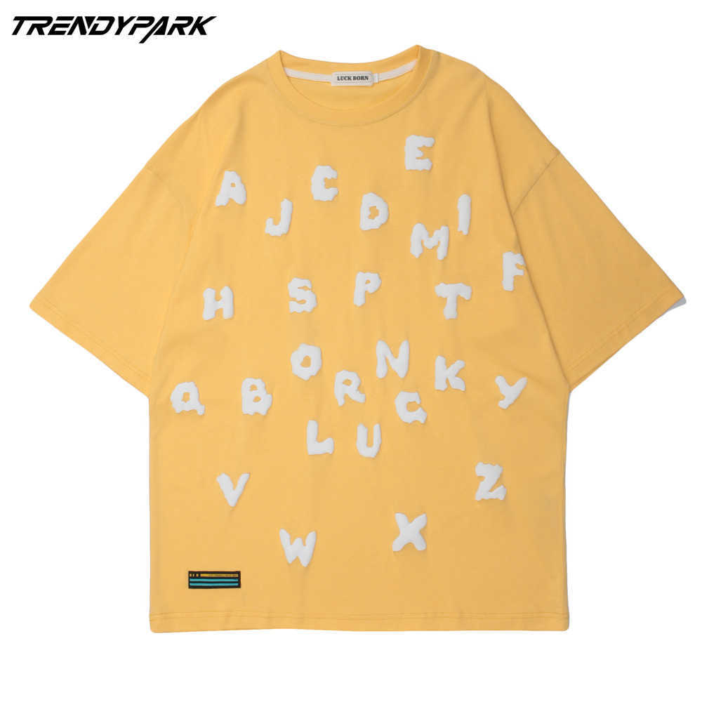 Men's T-shirt Summer Short Sleeve Foaming Letters Printing Oversized Cotton Casual Harajuku Streetwear Top Tshirts Clothing 210601
