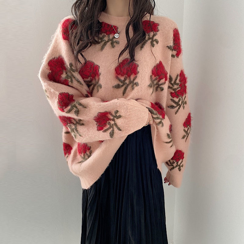 Nomikuma Korean Chic Vintage Floral Pullover Sweater Causal Long Sleeve O-neck Pull Femme New Women Knitted Jumper 6E220 210427
