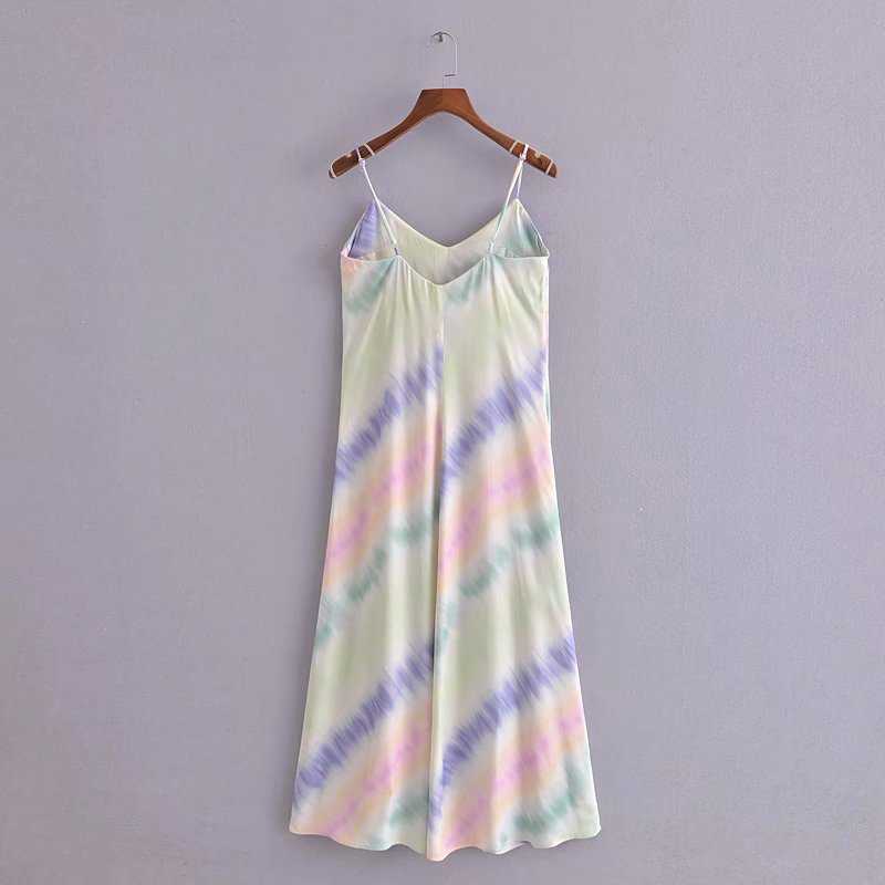 Za Tie Dye Satin Summer Dress Women Sleeveless Backless Sexy Party Dresses Woman Adjustable Spaghetti Straps Midi Dress 210602