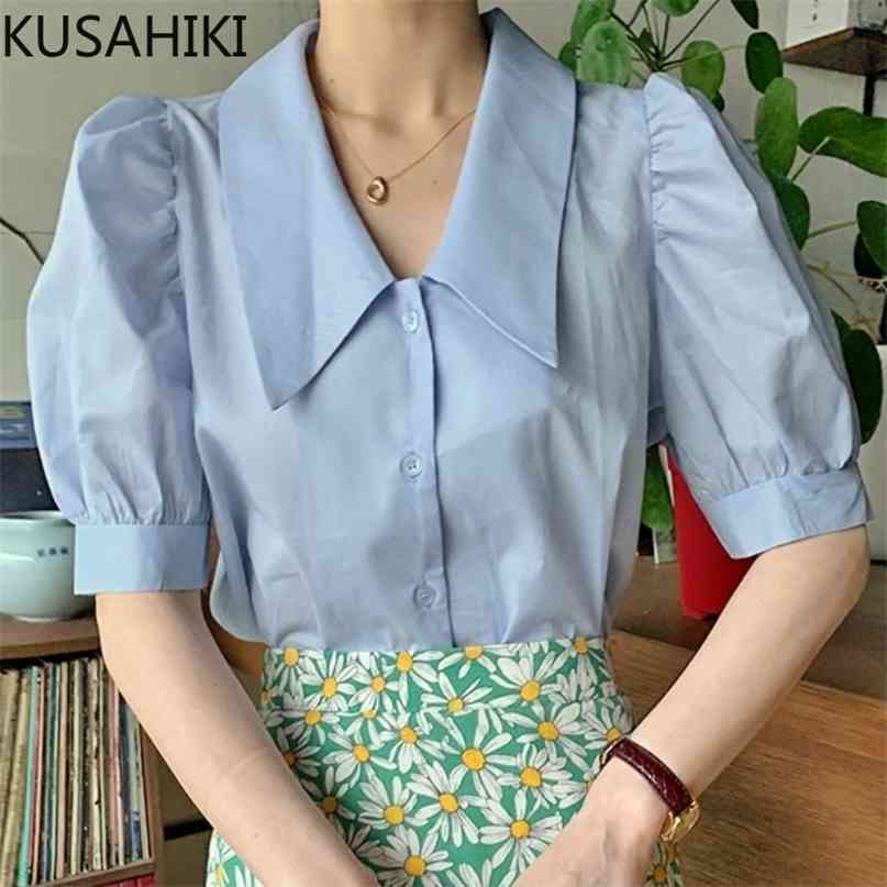 Chic Korean Summer Puff Sleeve Blouse Shirt Causal Turn-down Collar Women Top Solid Blusas Mujer De Moda 6H459 210603
