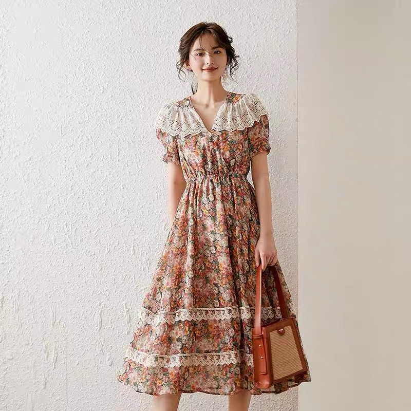 Women Summer Print Long Dress Fashion Lace V-neck Short Sleeve A-line Empire Slim Floral vestido de mulher 210421