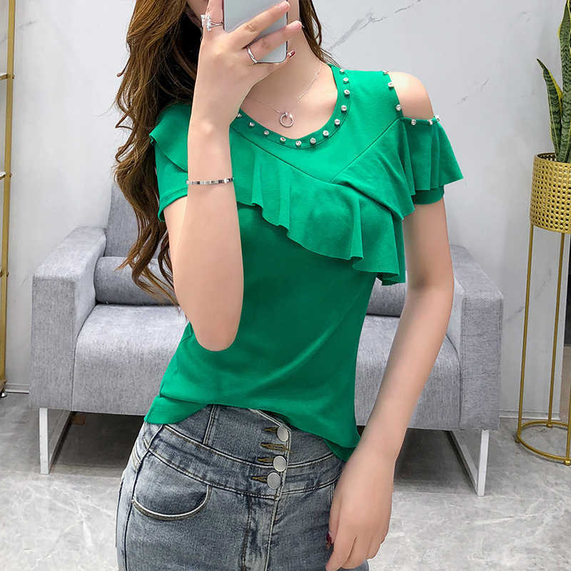 Summer Cotton Short Sleeve Ruffles T shirt Women Tops Korean Style Diamond T-shirt Women Clothes Slim Chic Tee Shirt Femme 3XL 210604, Green
Summer Cotton Short Sleeve Ruffles T shirt Women Tops Korean Style Diamond T-shirt Women Clothes Slim Chic Tee Shirt Femme 3XL 210604, Green