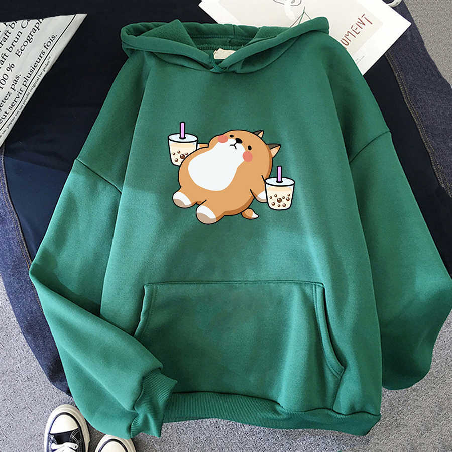 Boba Tea Hoodie Cute Dog Hooded Sweatshirt Harajuku Hoodies Lovely Kawaii Casual Hoody O-Neck Women's Clothes 210910