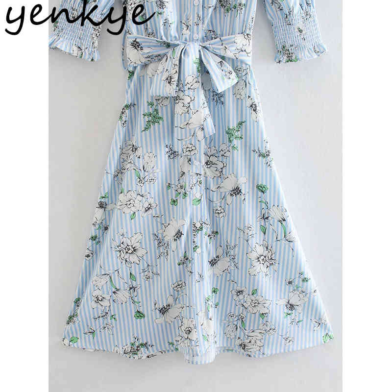 Spring Women Blue Striped Floral Print Shirt Dress Female Lapel Collar With Belt A-line Casual Vestido Plus Size 210430